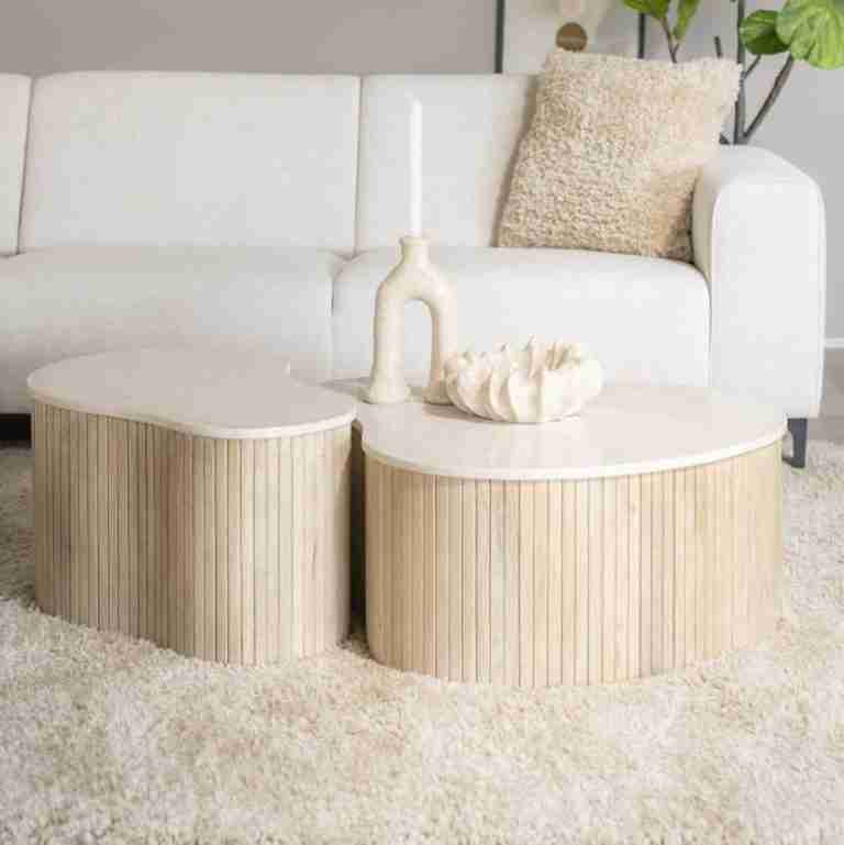 Eleonora Organische Salontafel Kira Mangohout en marmer, Set van 2 stuks - Beige - Japandi