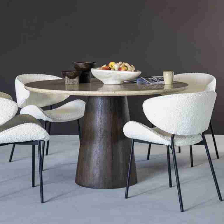 Eleonora Ronde Eettafel Aikin Travertin en Mangohout, 130cm - Beige - Japandi