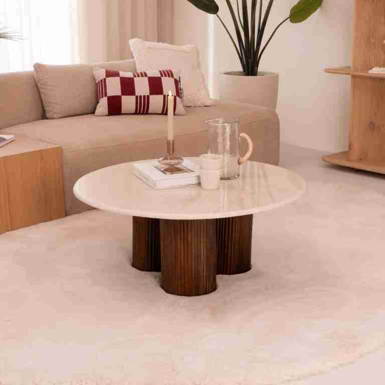 Eleonora Ronde Salontafel Xavi Marmer en mangohout, 90cm - Bruin - Japandi