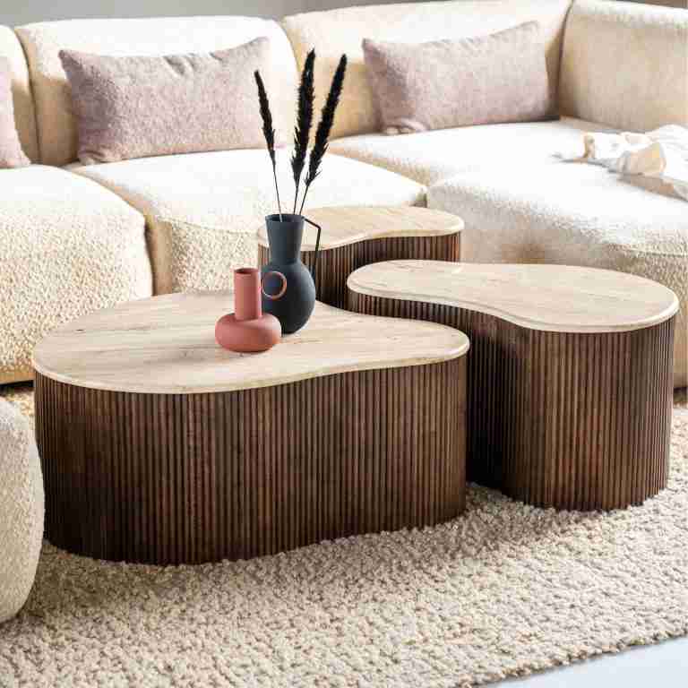 Eleonora Salontafel Mari Organisch Set van 3 stuks, Mangohout en Travertin - Bruin - Japandi