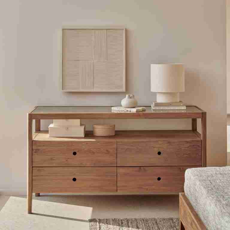Ethnicraft Ladekast Spindle Teakhout en glas, Met 3 laden - Naturel