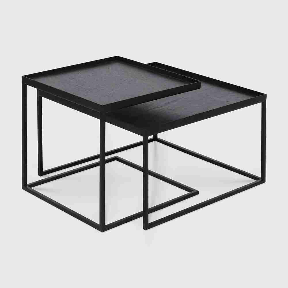 Ethnicraft Vierkante Salontafel Tray Gelakt Hout, Set van 2 stuks - Zwart