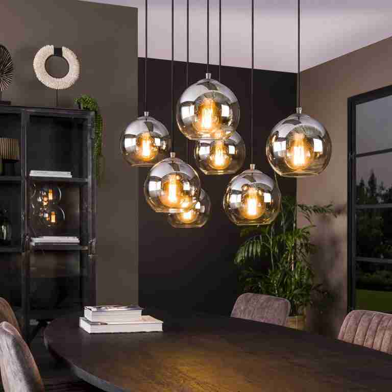 Hanglamp Bubble Shaded met 7 smoke-glas bollen - Oud Zilver