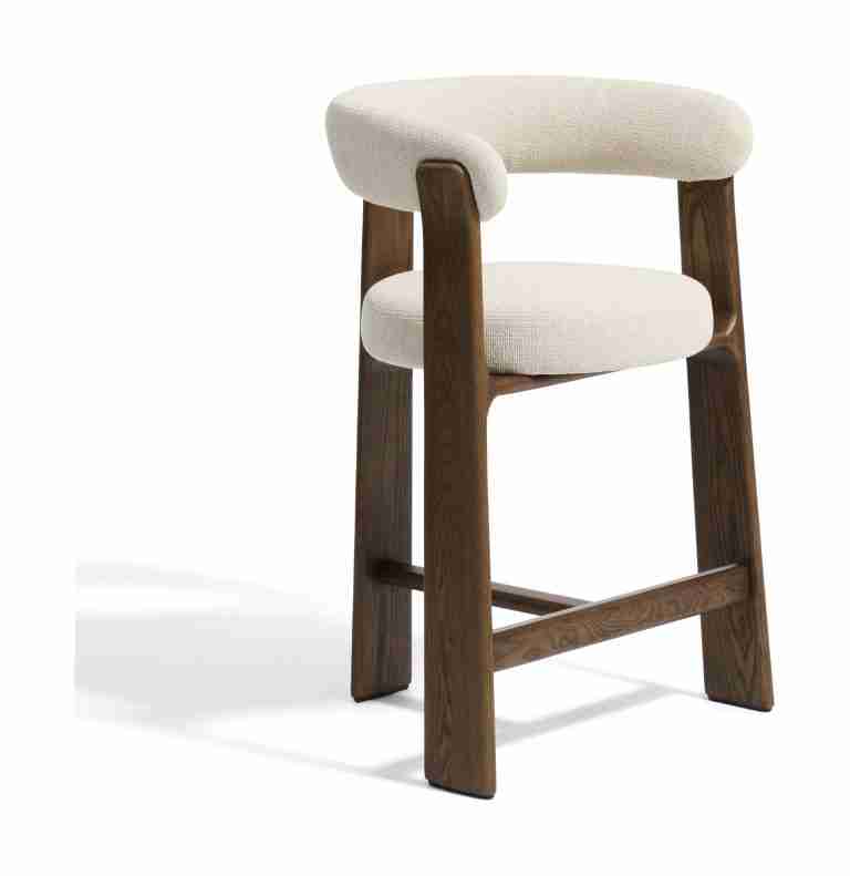Kave Home Barkruk Granite Met armleuning, Chenille en essenhout - Beige/Bruin (zithoogte 75cm)