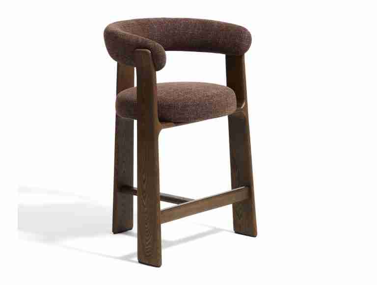Kave Home Barkruk Granite Met armleuning, Chenille en essenhout - Bruin (zithoogte 75cm)