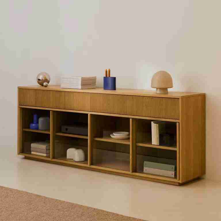 Kave Home Dressoir Helvine Eiken en glas, 200cm - Bruin - Japandi