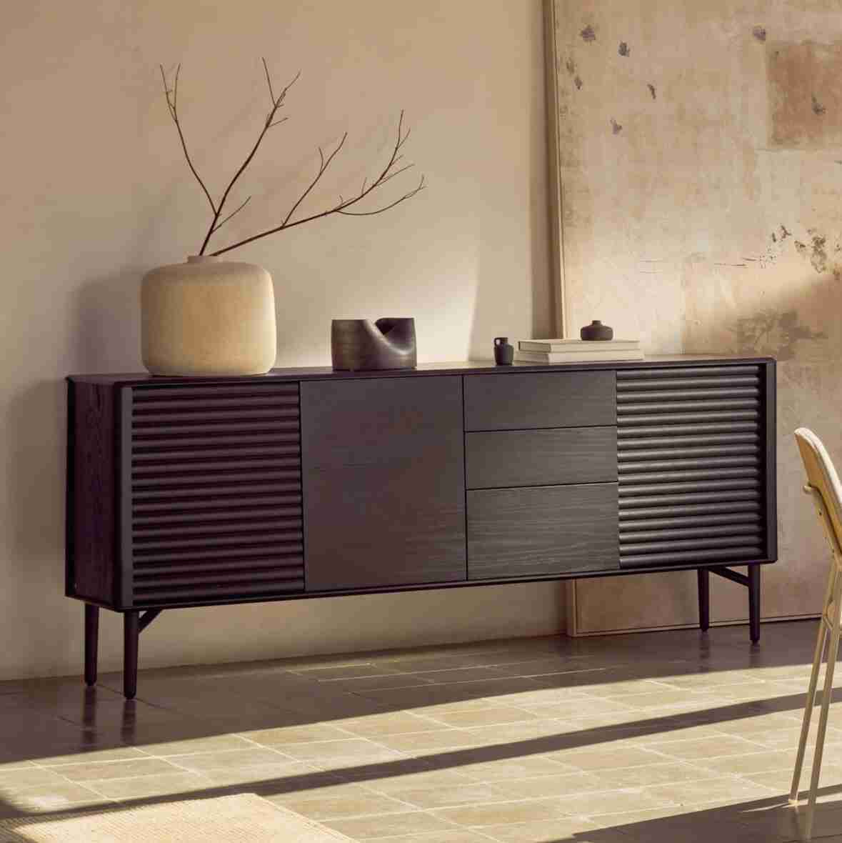 Kave Home Dressoir Lenon Eikenhout, 200cm - Zwart - Japandi