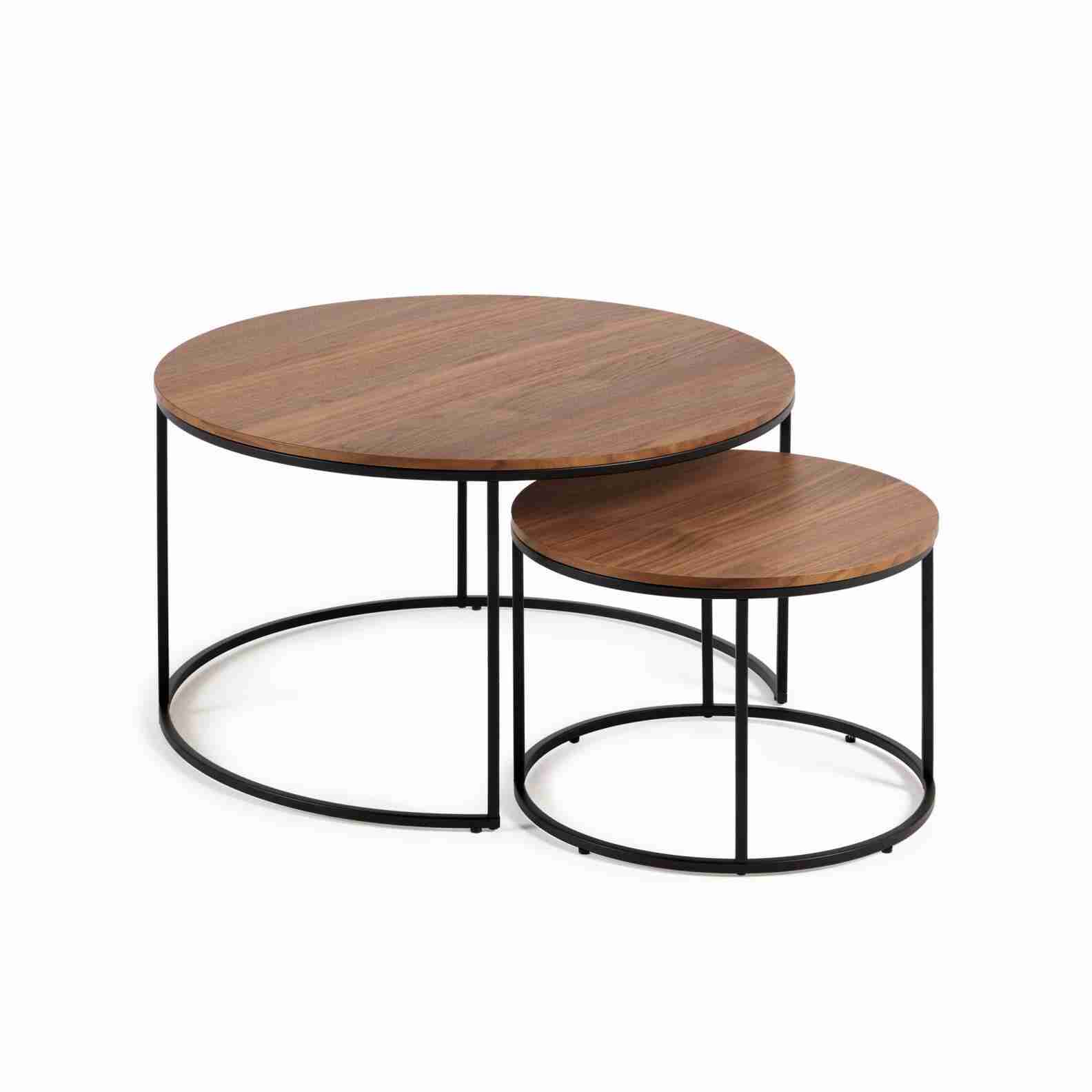 Kave Home Ronde Bijzettafel Yoana Walnoot en metaal, Set van 2 stuks - Bruin