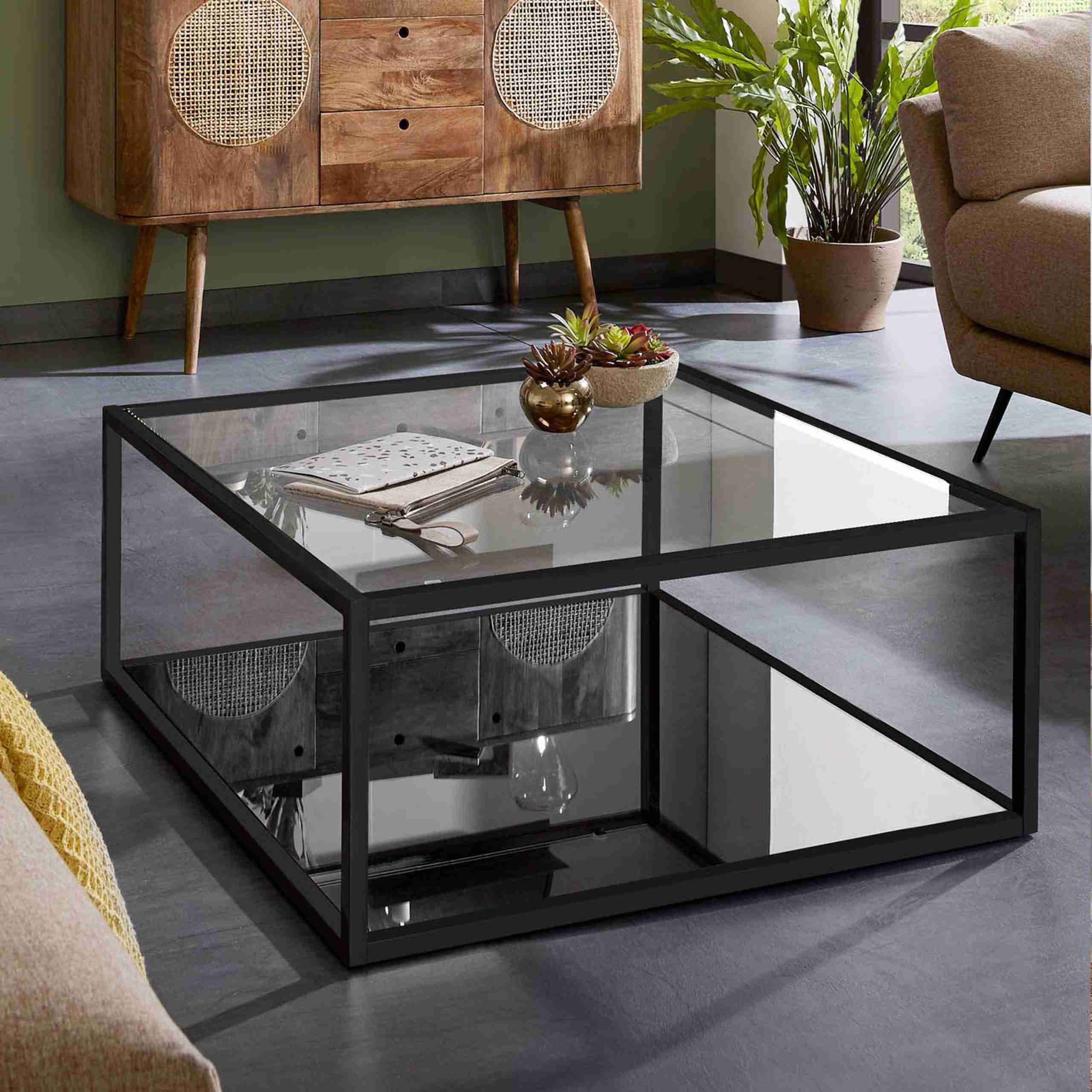 Kave Home Salontafel Blackhill Glas met zwart frame, 80 x 80cm - Vierkant