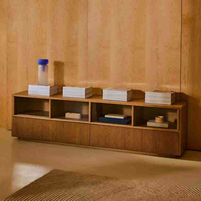Kave Home TV-meubel Helvine Eiken en glas, 200cm - Bruin
