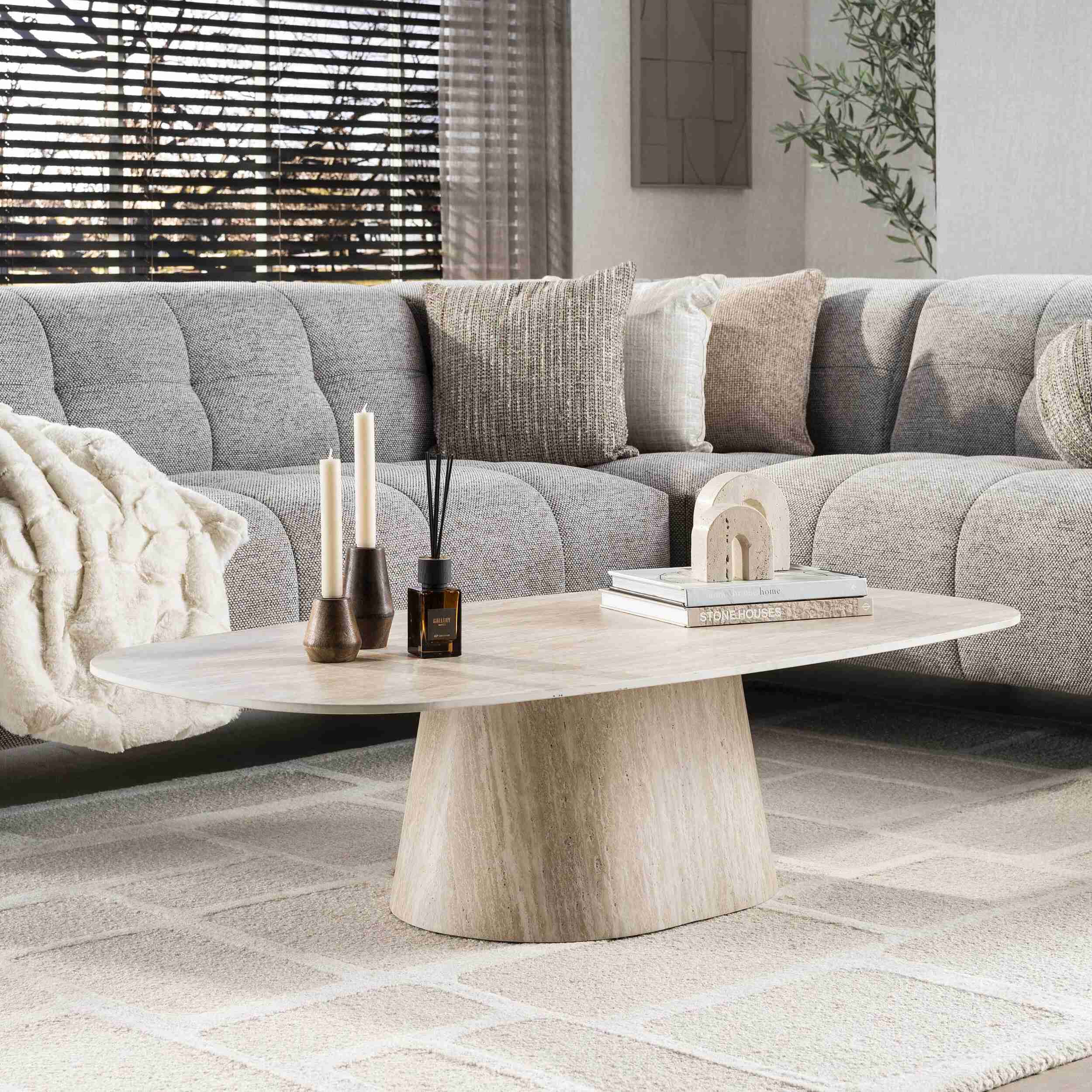LifestyleFurn Deens Ovale Salontafel Indar Keramiek in Travertinlook, 135 x 70cm - Beige - Ovaal