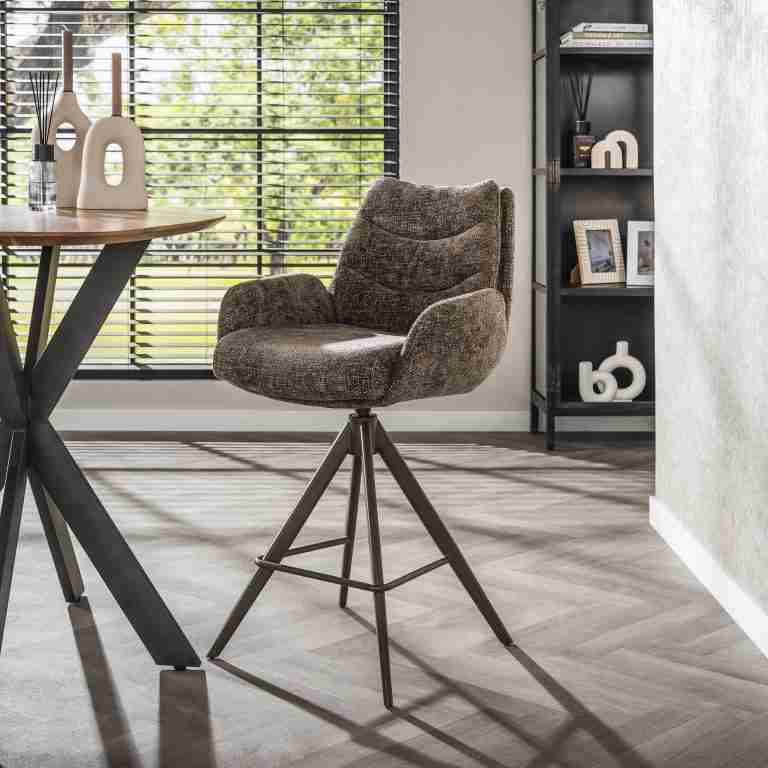 LifestyleFurn Draaibare Barstoel Kristee Chenille - Taupe/Bruin (zithoogte 67cm)