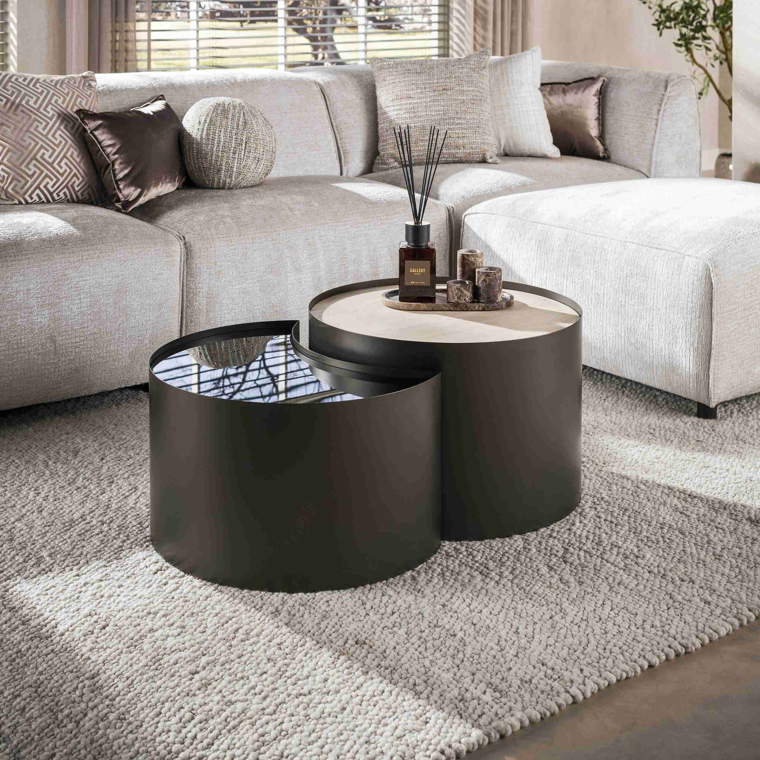 LifestyleFurn (Half)ronde Salontafel Kaity Keramiek in Travertinlook en bruin glas, Set van 2 stuks