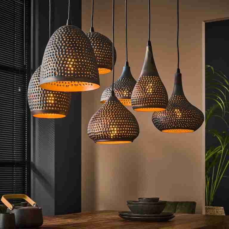 LifestyleFurn Hanglamp Astara 7-lamps, Metaal, √ò25cm - Zwart Bruin