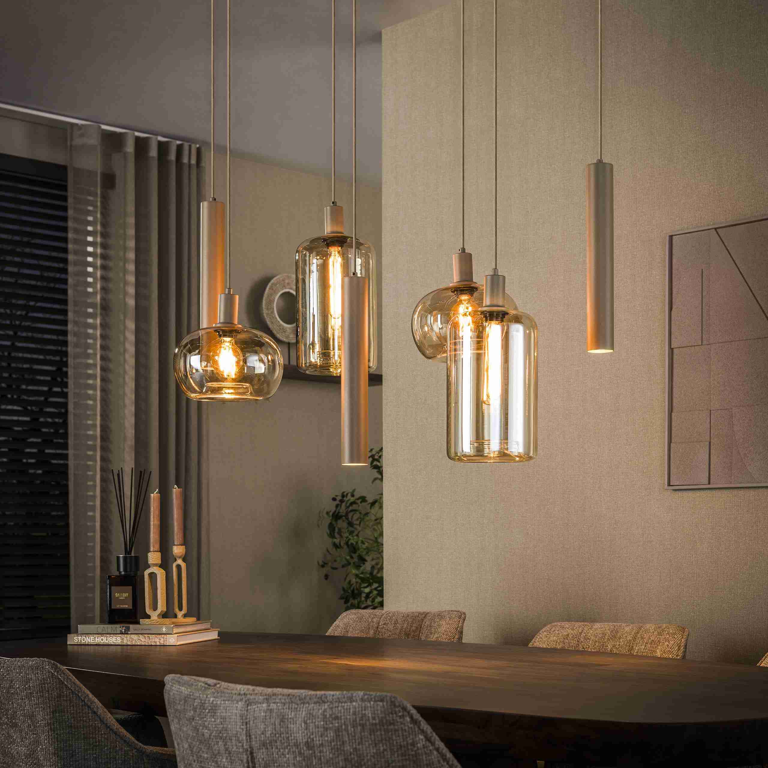 LifestyleFurn Hanglamp Faiga Glas en beige metaal, 4+3-lamps