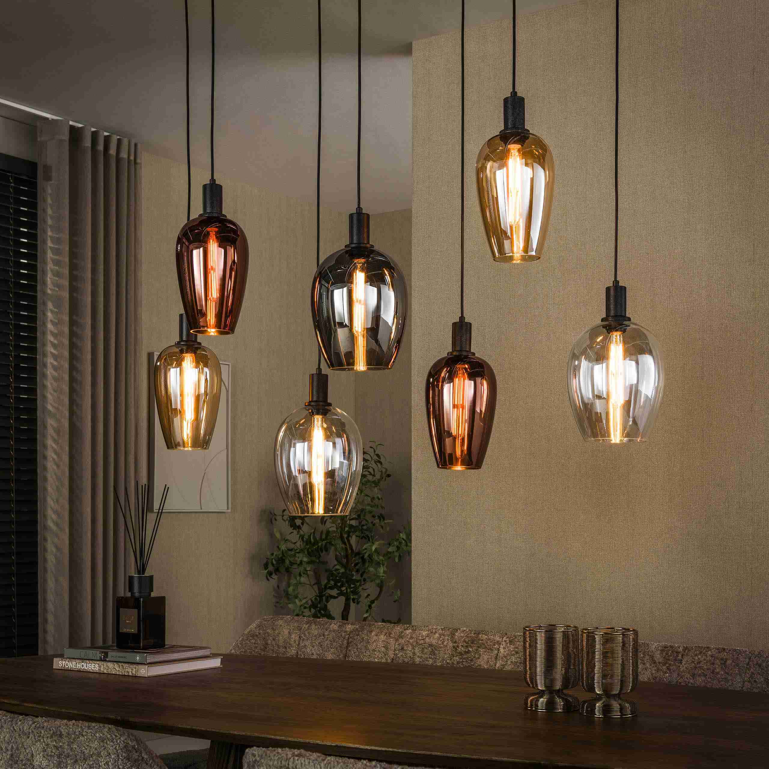 LifestyleFurn Hanglamp Ilda Glas, 7-lamps - Bruin
