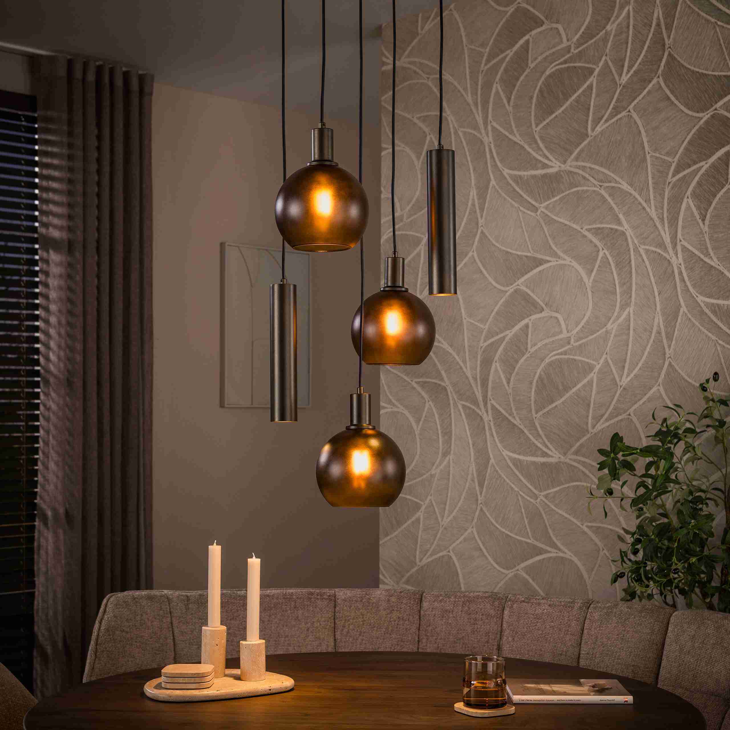 LifestyleFurn Hanglamp Janetta Glas en metaal, 3+2-lamps - Bruin