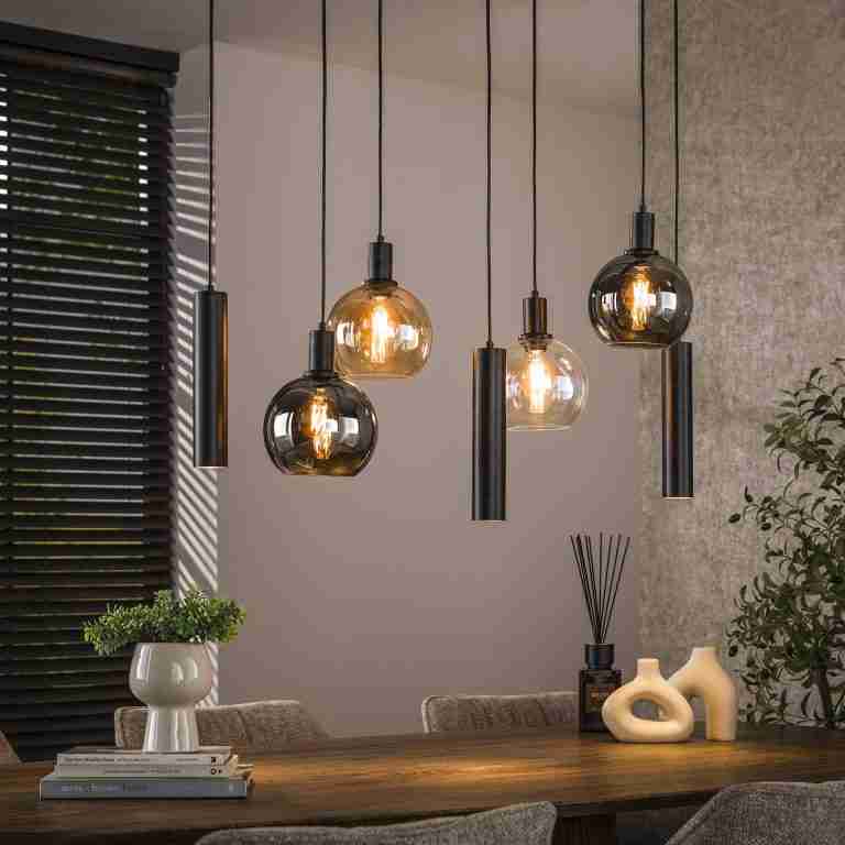 LifestyleFurn Hanglamp Janetta Glas en metaal, 4+3-lamps - Artic zwart