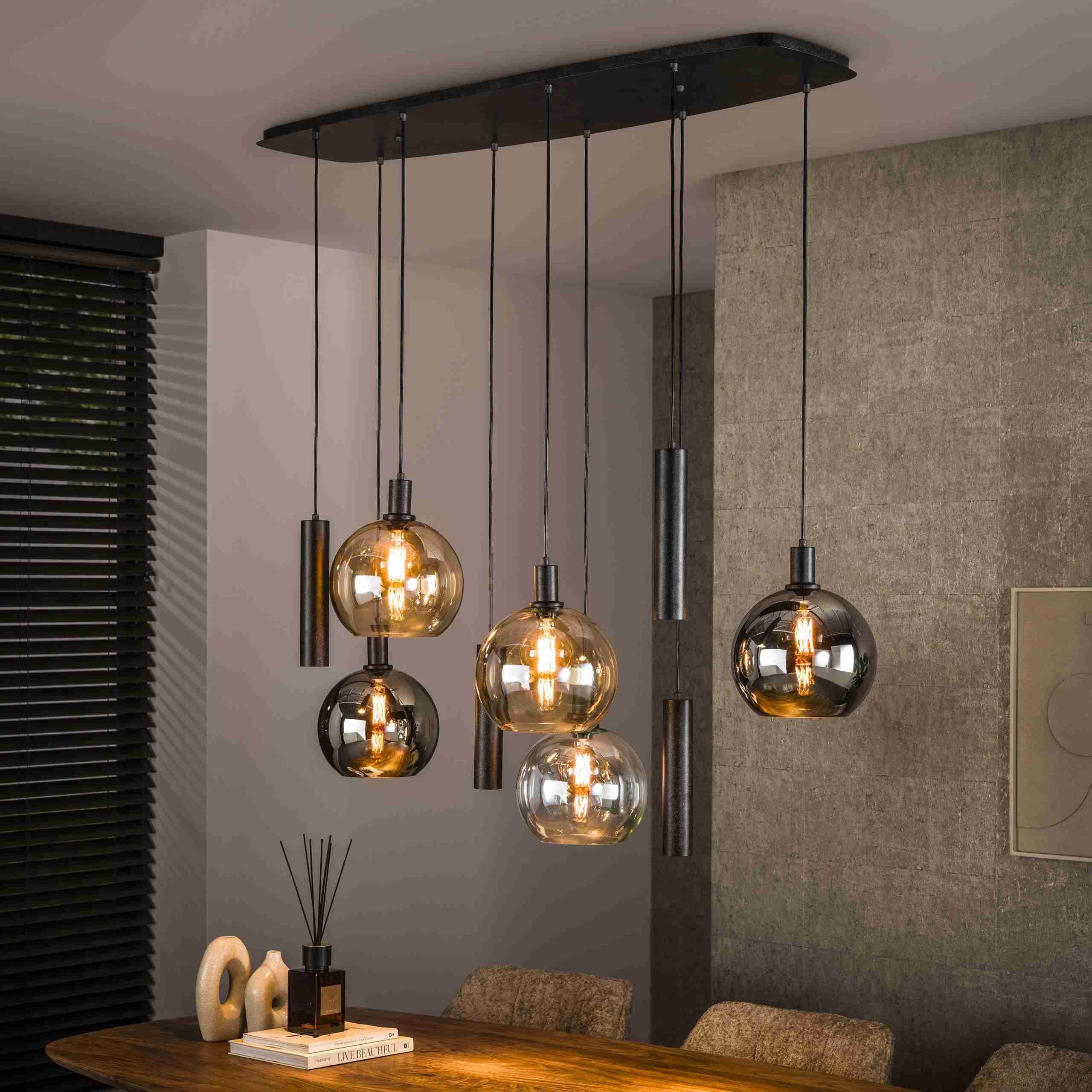 LifestyleFurn Hanglamp Janetta Glas en metaal, 5+4-lamps - Bruin