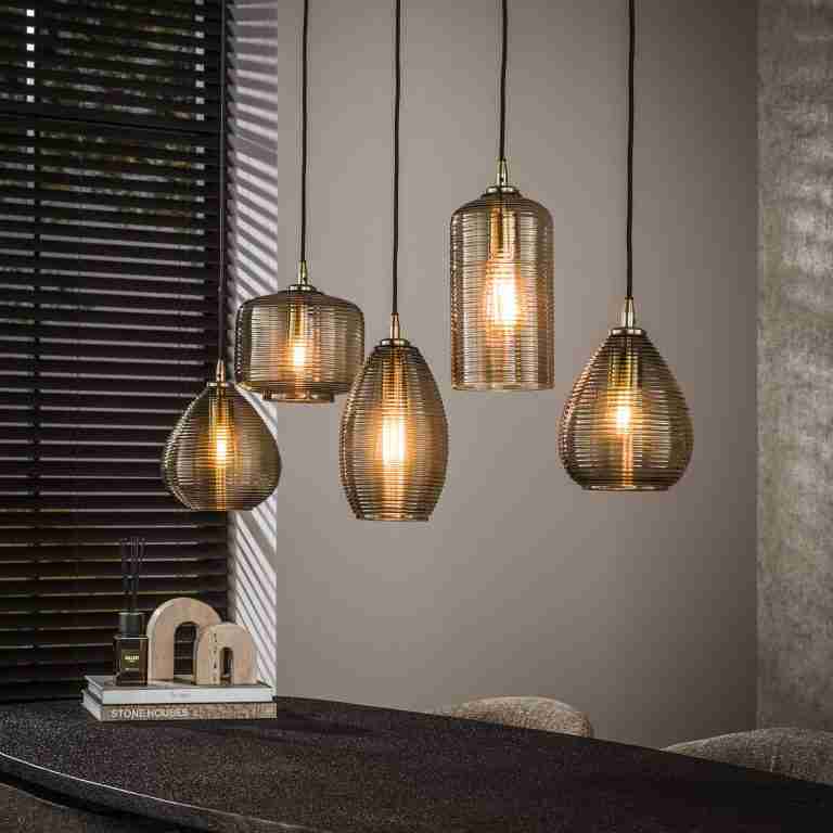 LifestyleFurn Hanglamp Kirin Glas, 5-lamps - Smoke bruin glas