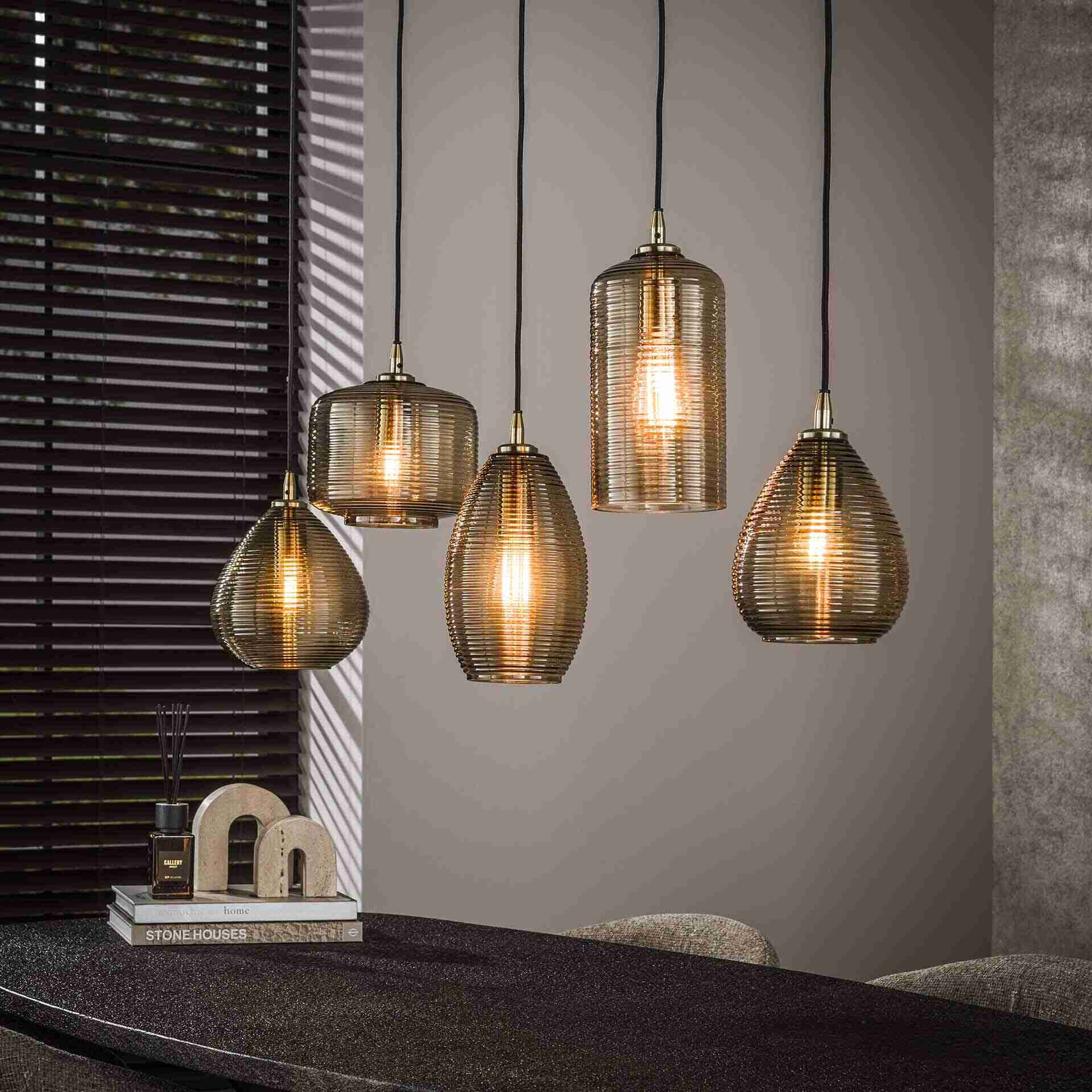 LifestyleFurn Hanglamp Kirin Glas, 5-lamps - Smoke bruin glas