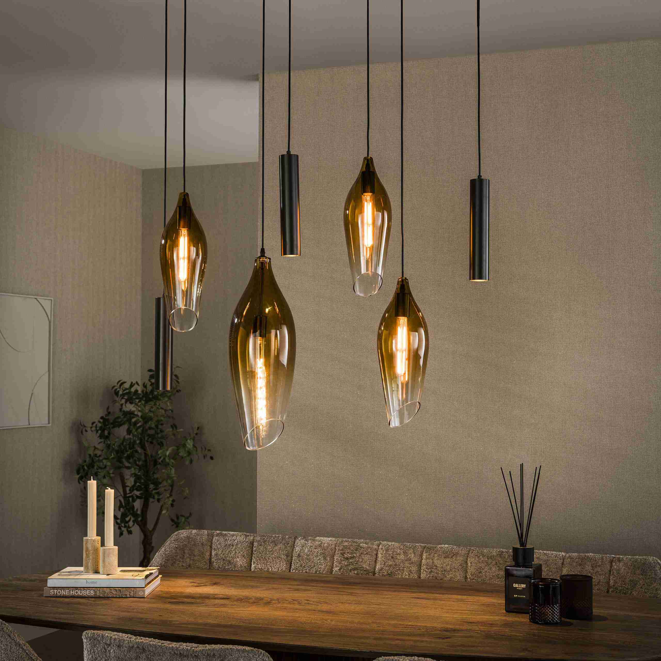 LifestyleFurn Hanglamp Luvia Glas, 4+3-lamps - Sienna Bruin