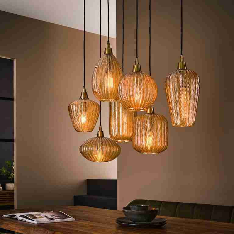 LifestyleFurn Hanglamp Malori 7-lamps, Amber glas - Amberkleurig glas