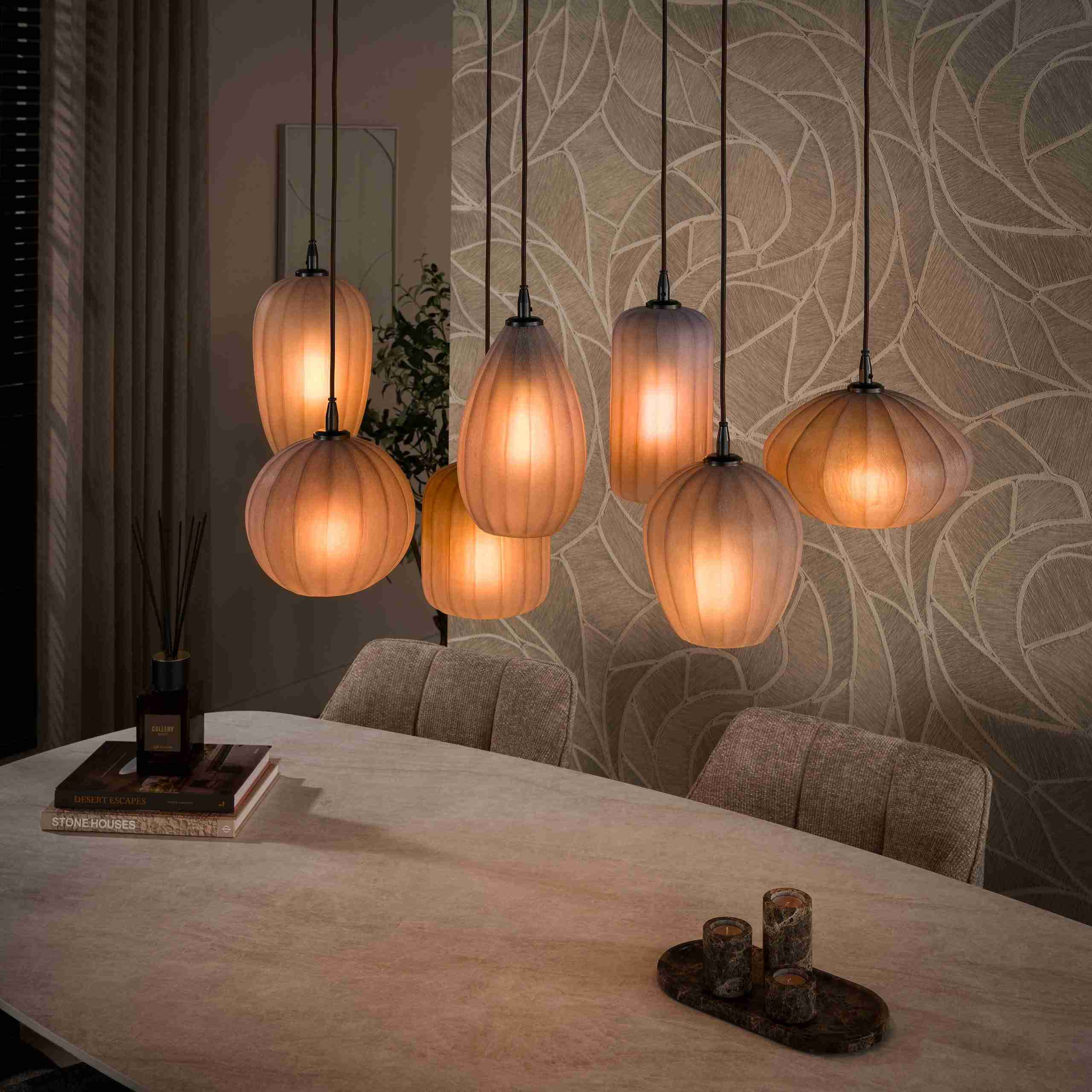 LifestyleFurn Hanglamp Tamila 4+3-lamps - Sienna bruin frosted