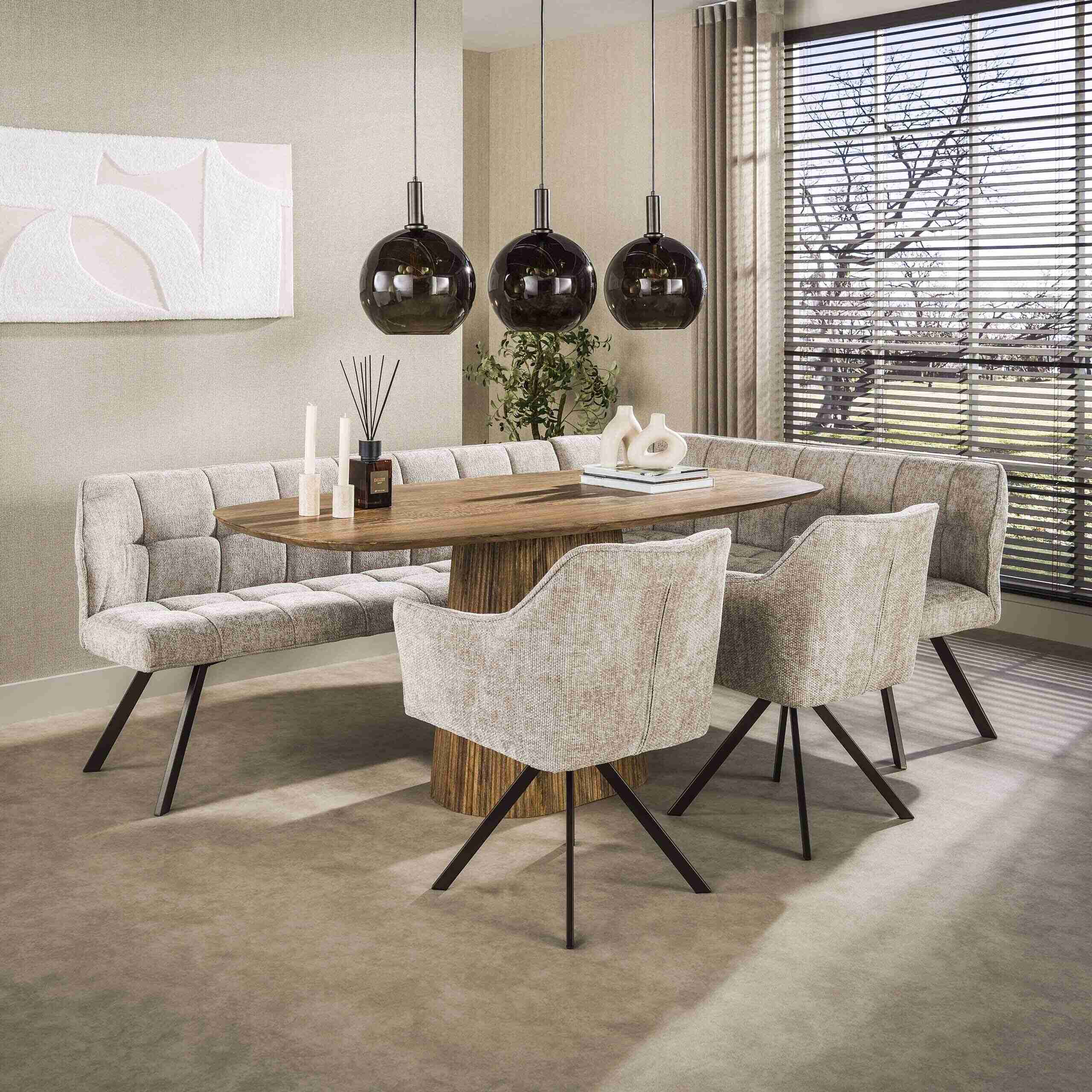 LifestyleFurn Hoek-Eetkamerbank Thandie Hoven stof, Rechts - Zand/Bruin