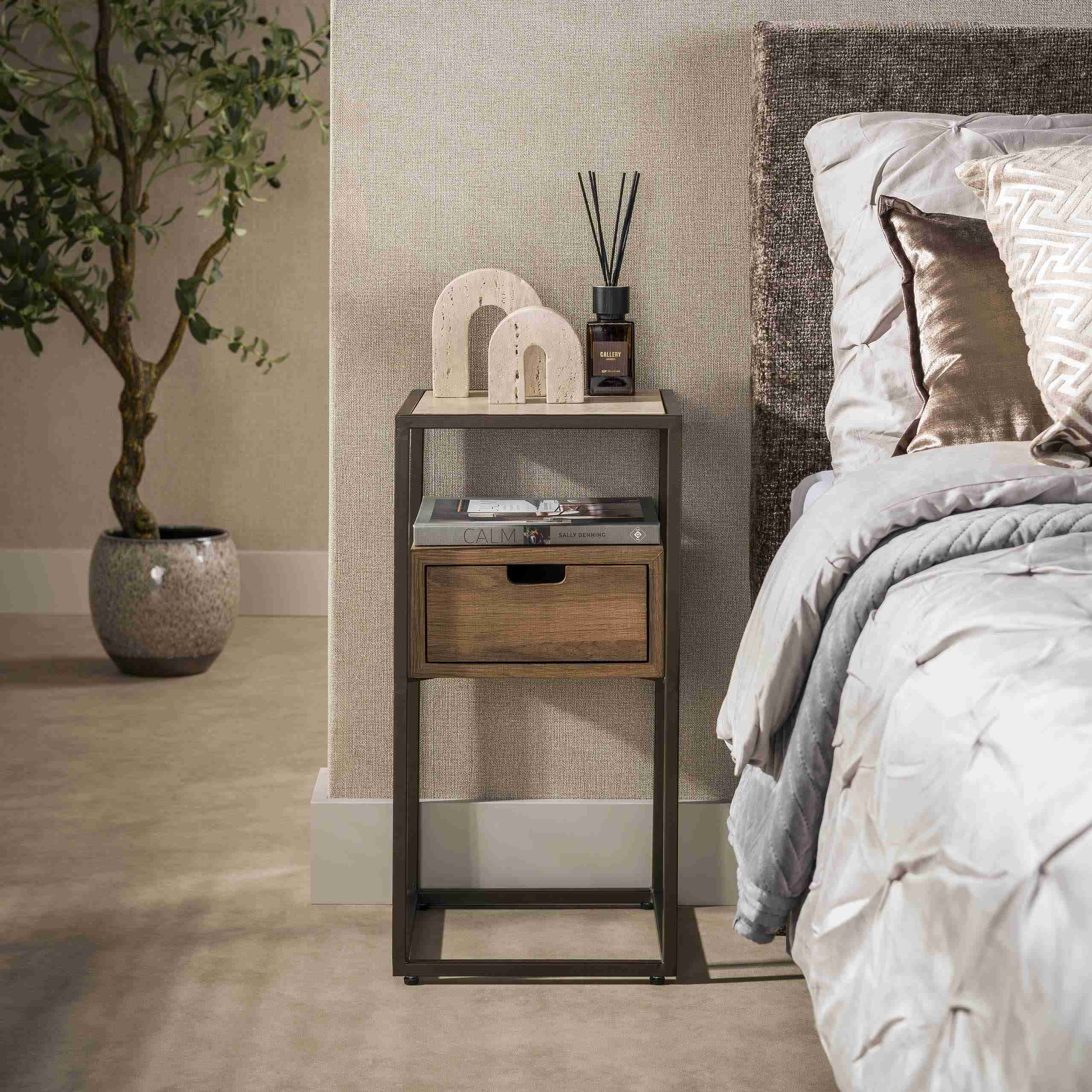 LifestyleFurn Nachtkastje Nikka Eikenlook en travertinlook, Met 1 lade - Bruin