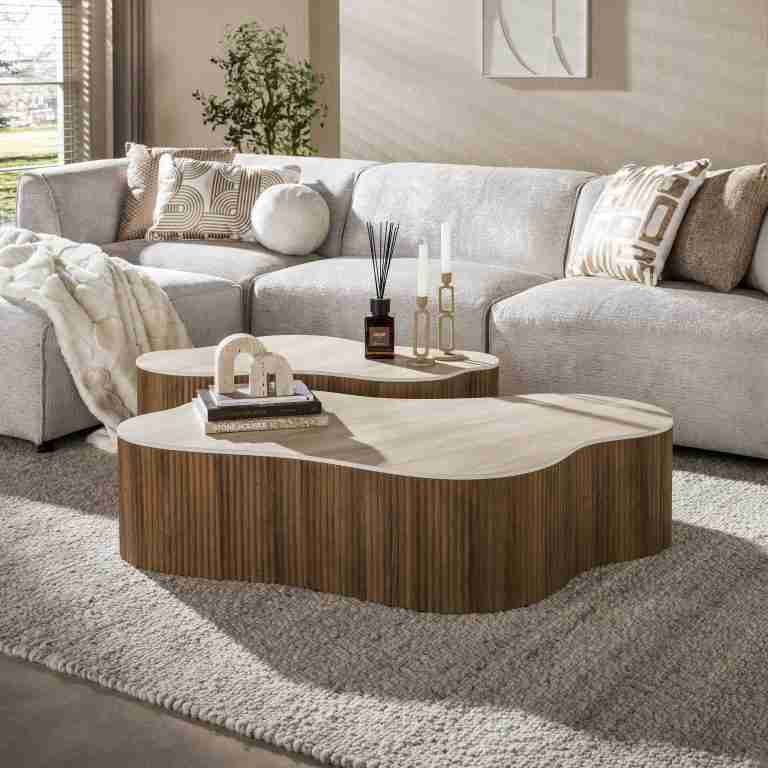 LifestyleFurn Organische Salontafel Akai Keramiek in Travertin-look, Set van 2 stuks - Bruin