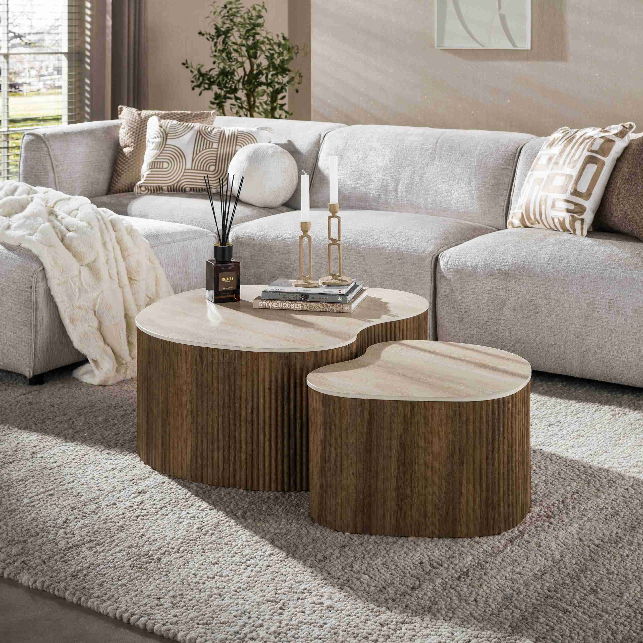 LifestyleFurn Organische Salontafel Akai Keramiek in Travertin-look, Set van 2 stuks - Bruin