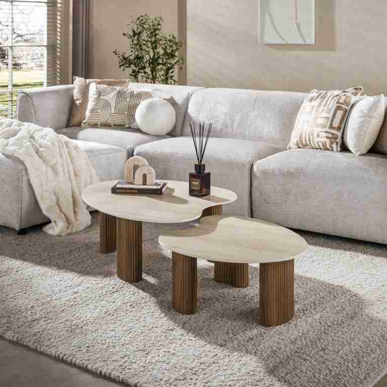 LifestyleFurn Organische Salontafel Akai Keramiek in Travertinlook, Set van 2 stuks - Bruin
