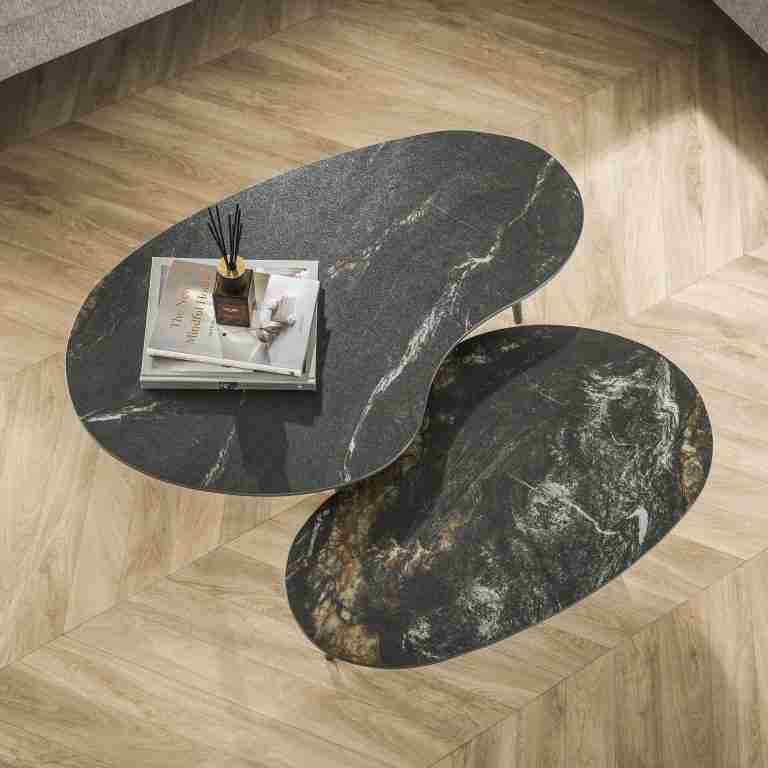 LifestyleFurn Organische Salontafel Antar Niervormig, Keramiek, Set van 2 stuks - Ceramic fossil black