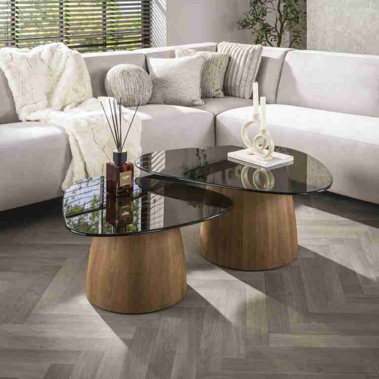LifestyleFurn Organische Salontafel Kely Driehoek, set van 2 stuks, Brons glas - Bruin
