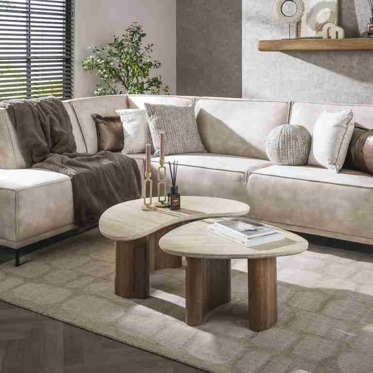 LifestyleFurn Organische Salontafel Laycie Keramiek in Travertin-look, Set van 2 stuks - Bruin - Japandi