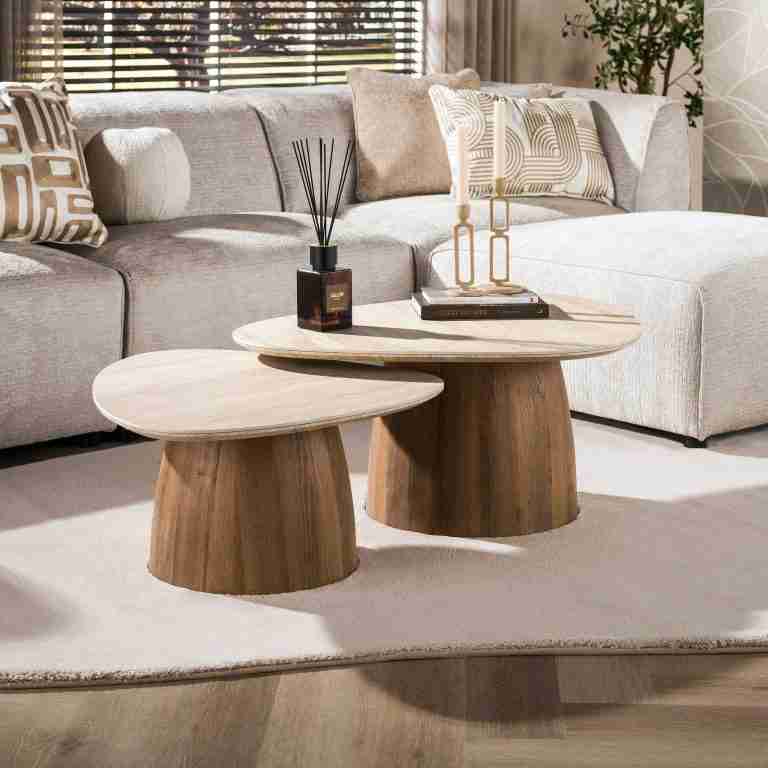 LifestyleFurn Organische Salontafel Laycie Keramiek in Travertinlook, Set van 2 stuks - Bruin