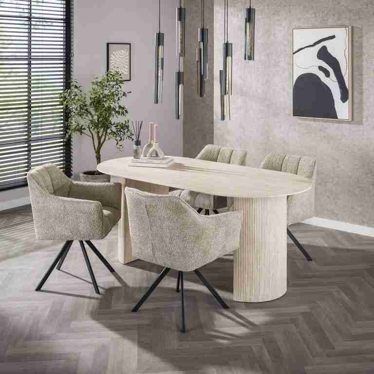 LifestyleFurn Ovale Eettafel Laycie Keramiek in Travertin-look, 180 x 90cm - Beige - Ovaal - Japandi