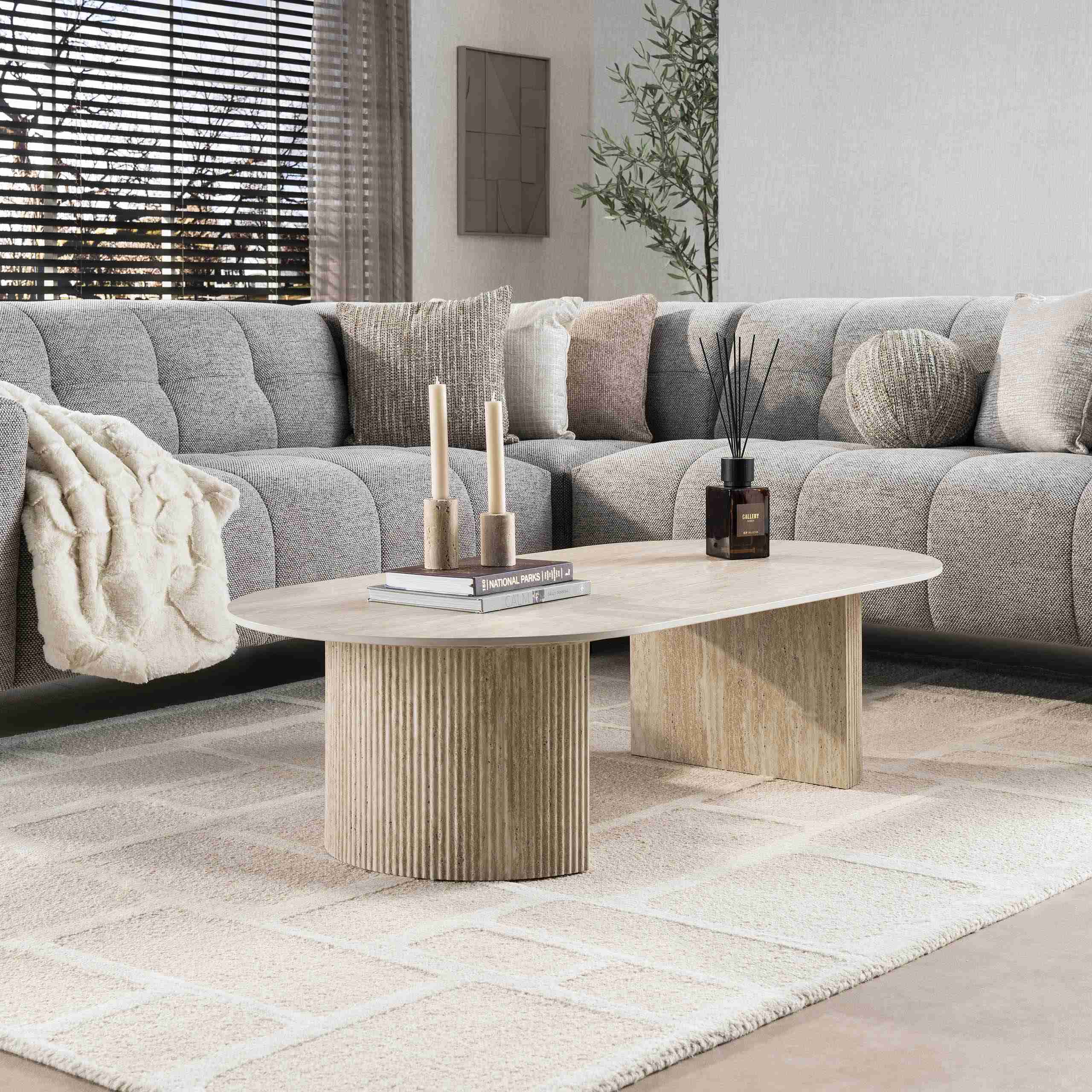 LifestyleFurn Ovale Salontafel Laycie Keramiek in Travertin-look, 135 x 70cm - Beige - Ovaal