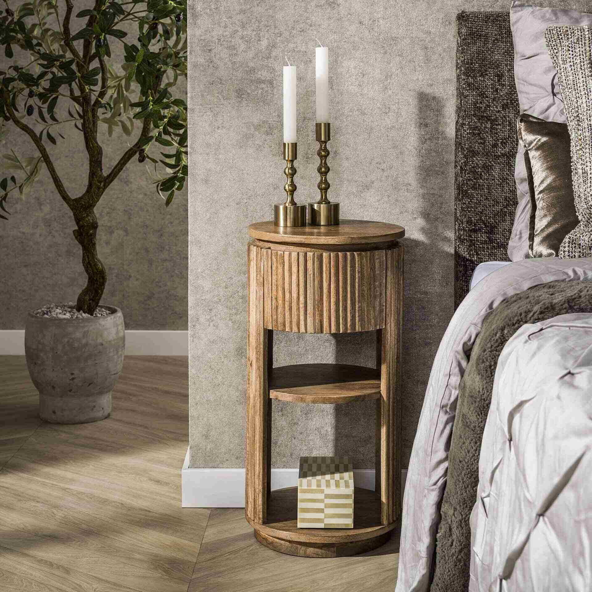 LifestyleFurn Rond Nachtkastje Sharmila Mangohout, Met 1 lade - Massief mango zand
