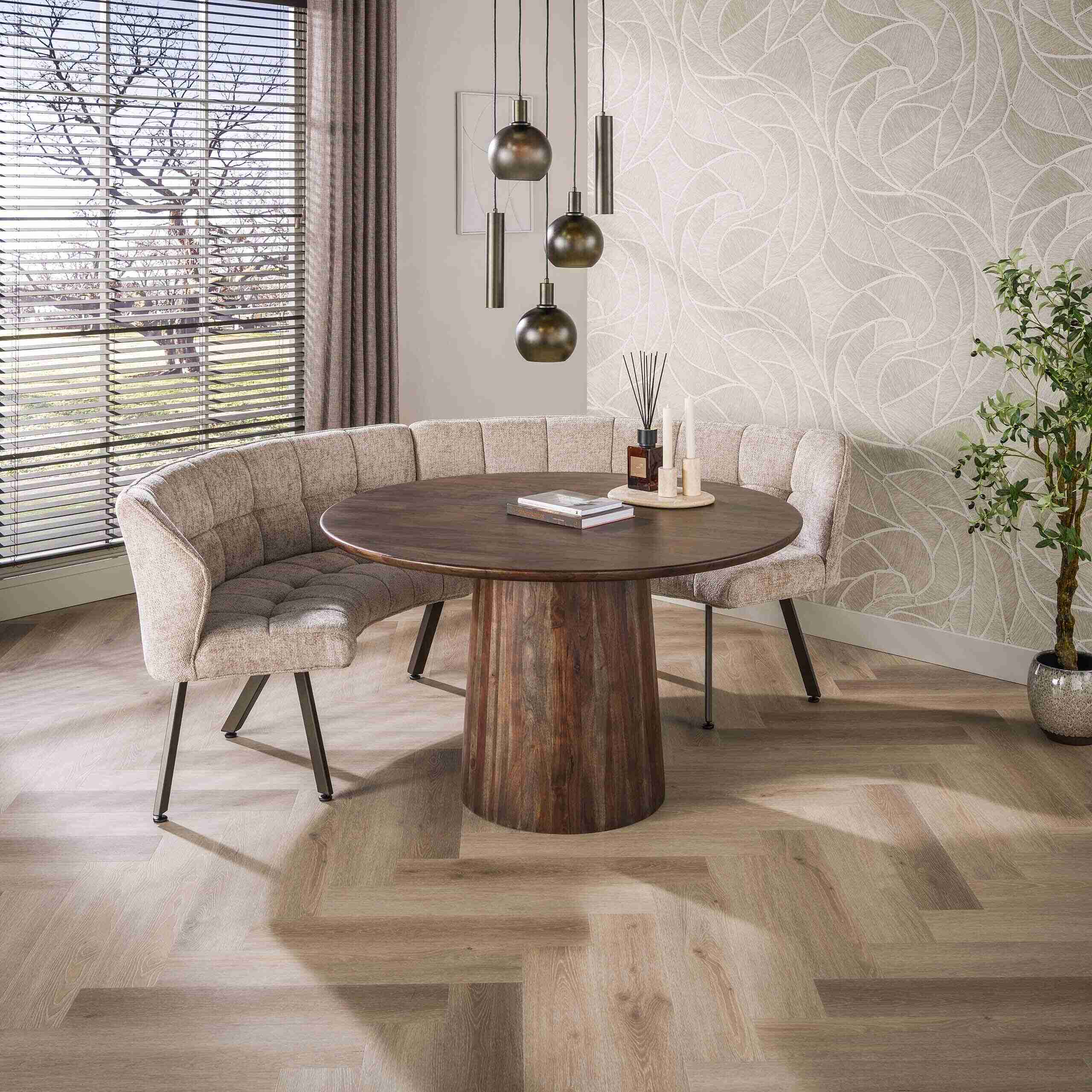 LifestyleFurn Ronde Eetkamerbank Thandie 2-delig, Hoven stof - Zand/Bruin