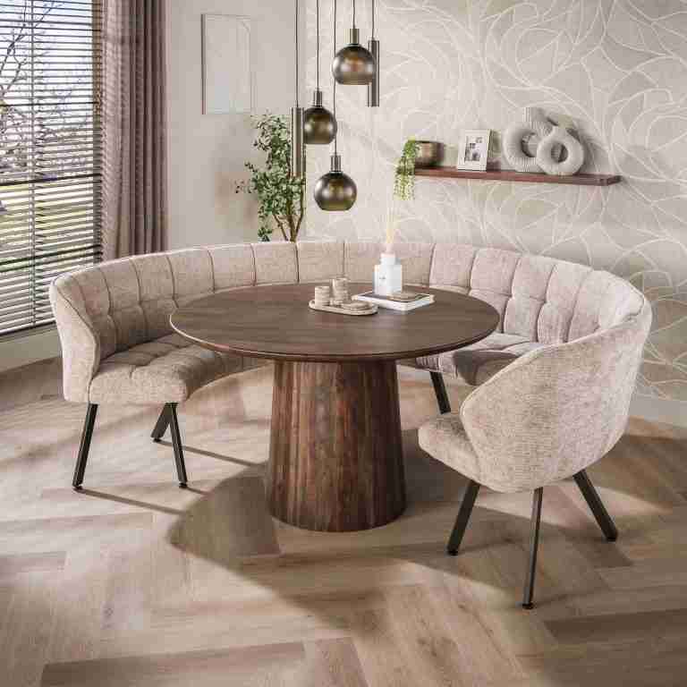 LifestyleFurn Ronde Eetkamerbank Thandie 3-delig, Hoven stof - Zand/Bruin