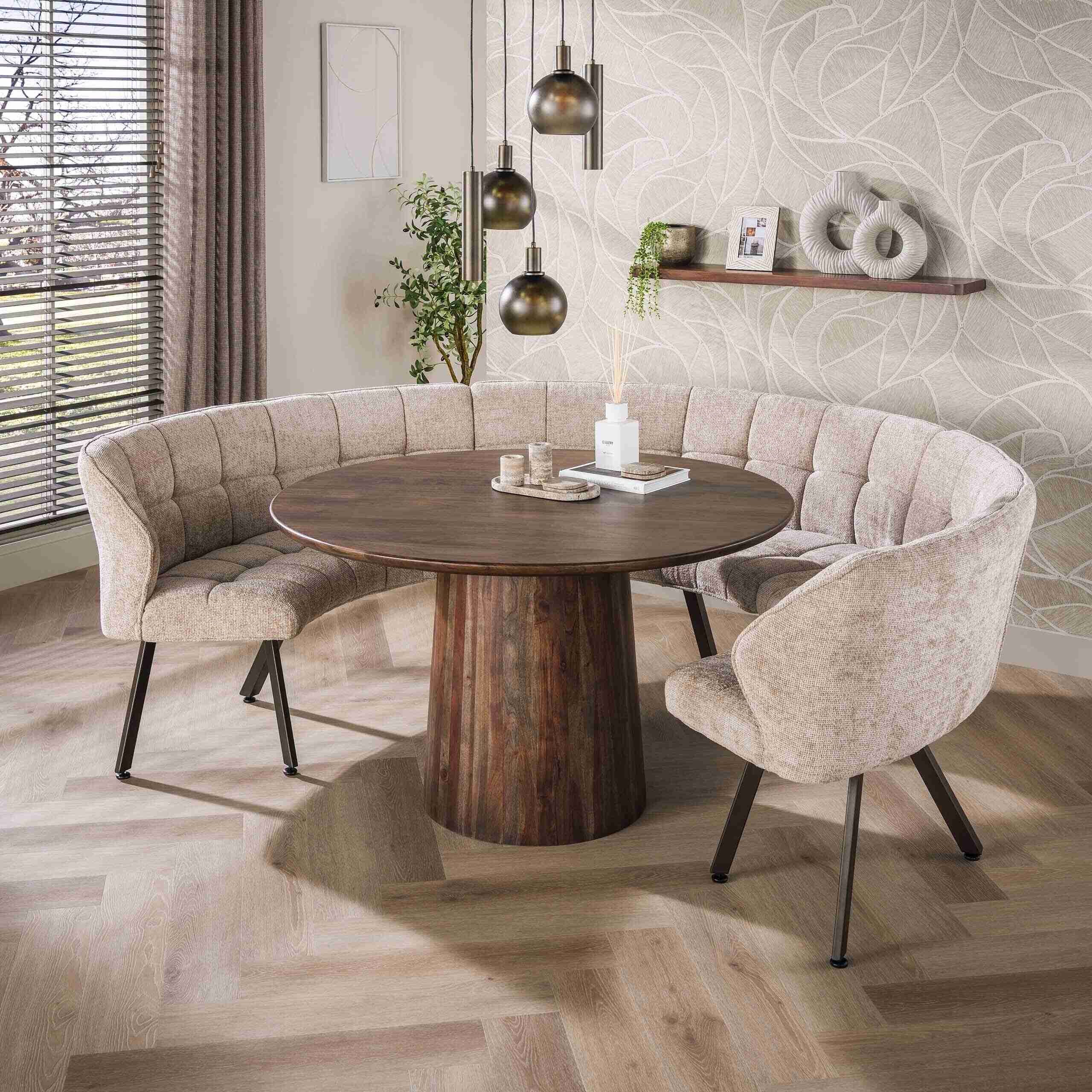 LifestyleFurn Ronde Eetkamerbank Thandie 3-delig, Hoven stof - Zand/Bruin