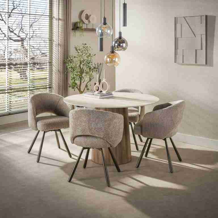 LifestyleFurn Ronde Eettafel Laycie Keramiek in Travertin-look, 120cm - Bruin