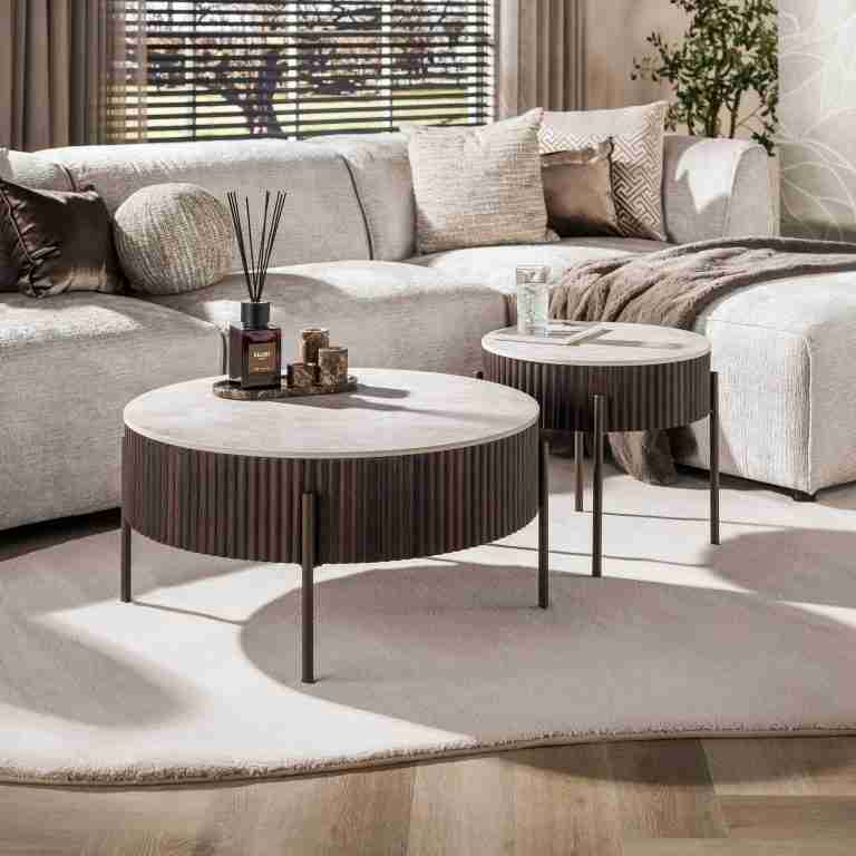 LifestyleFurn Ronde Salontafel Akai Keramiek in Taj Mahal-look, Set van 2 stuks - Bruin