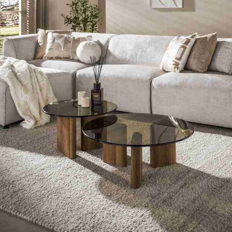 LifestyleFurn Ronde Salontafel Kely Brons glas, Set van 2 stuks - Bruin