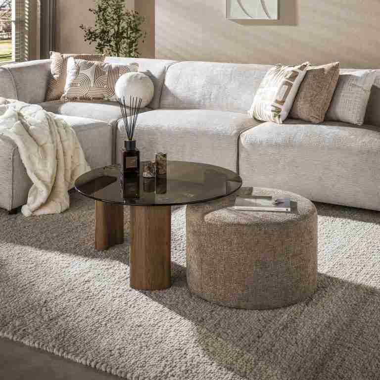 LifestyleFurn Ronde Salontafel Kely Brons glas en chenille poef - Bruin