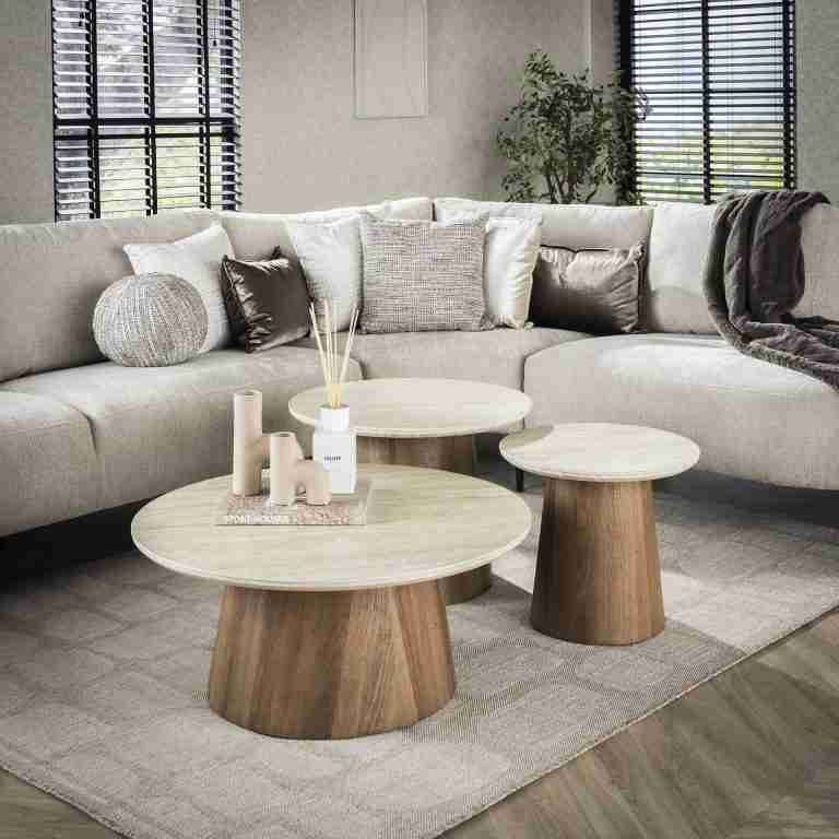 LifestyleFurn Ronde Salontafel Laycie Keramiek in Travertin-look, Set van 3 stuks - Bruin - Japandi
