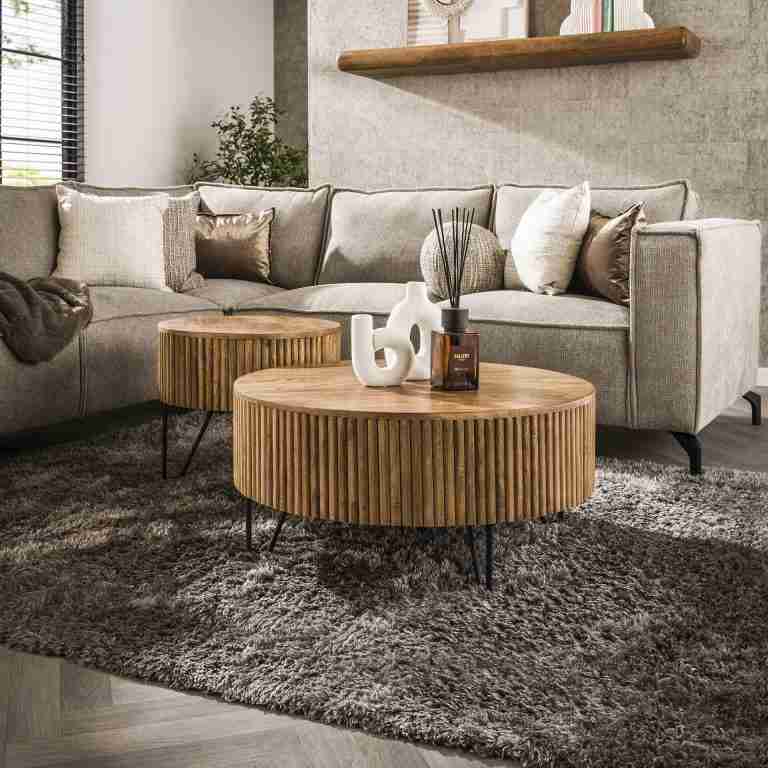 LifestyleFurn Ronde Salontafel Sharmila Mangohout, Set van 2 stuks - Massief mango zandkleur