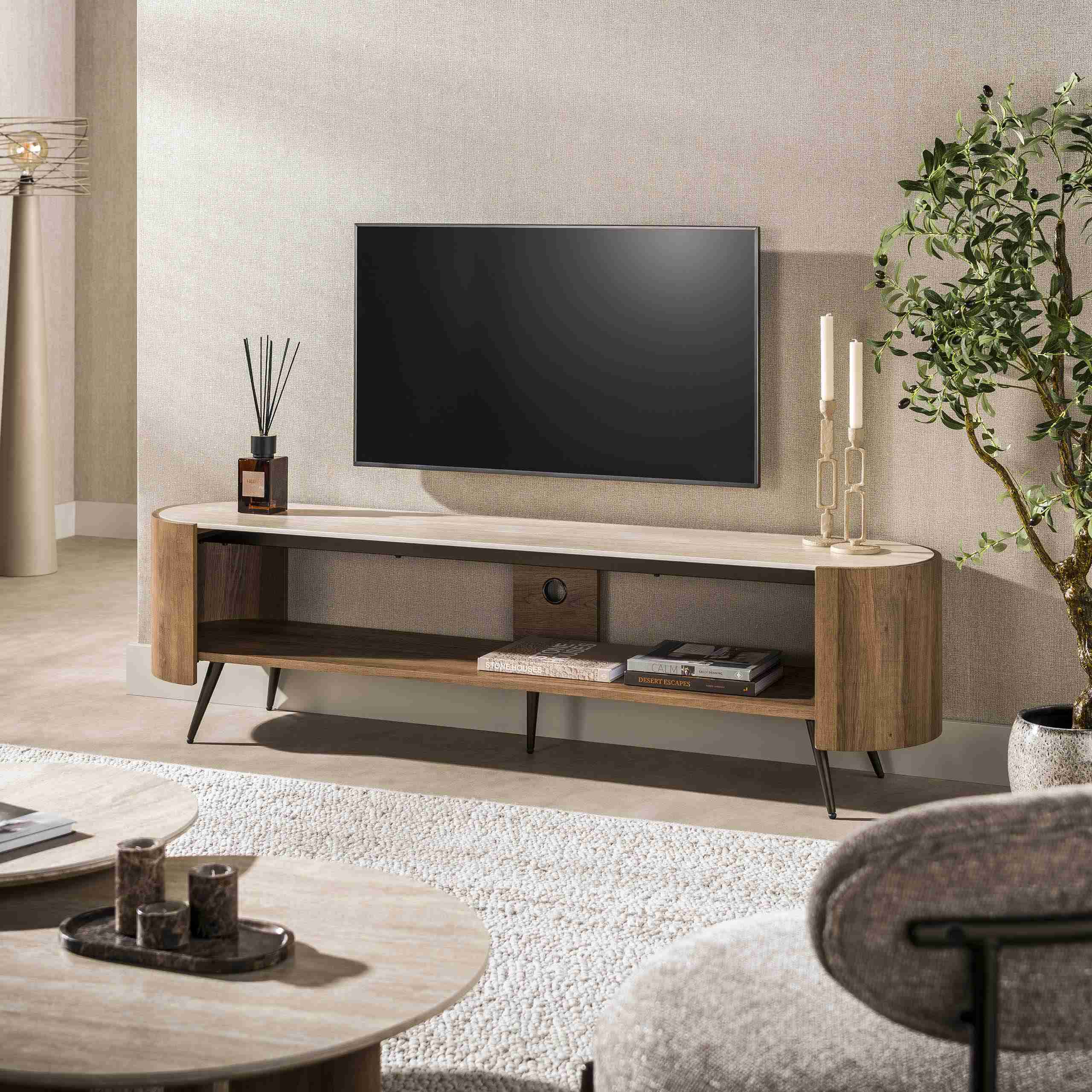 LifestyleFurn TV-meubel Terina Keramiek in Travertinlook, 180cm - Bruin